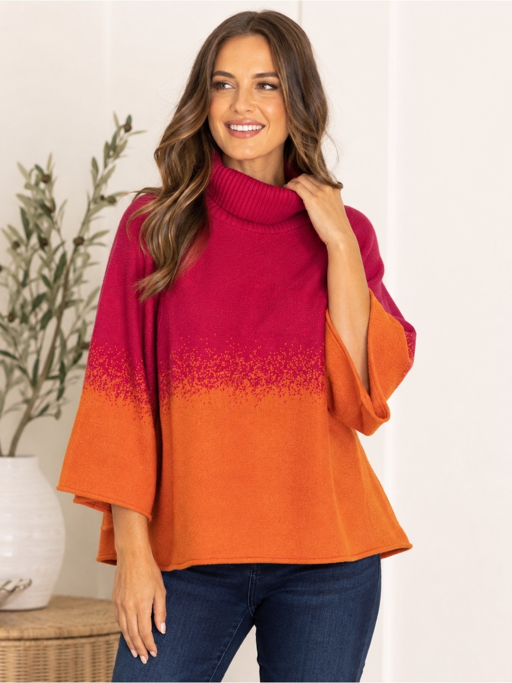 FATE Women’s Large Pink Orange Ombré Turtleneck Poncho Sweater NWOT